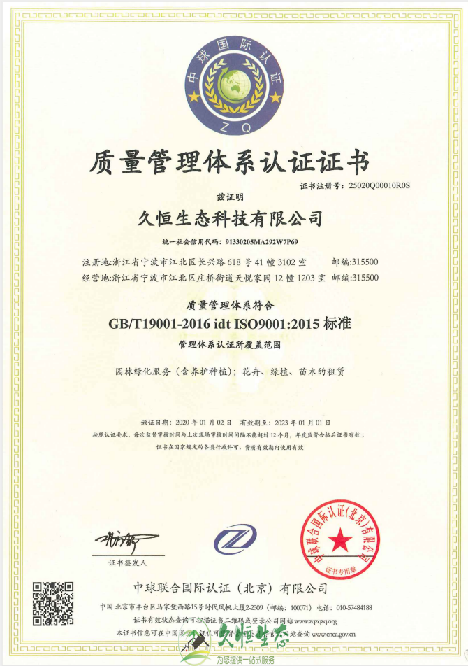 鄞州质量管理体系ISO9001证书